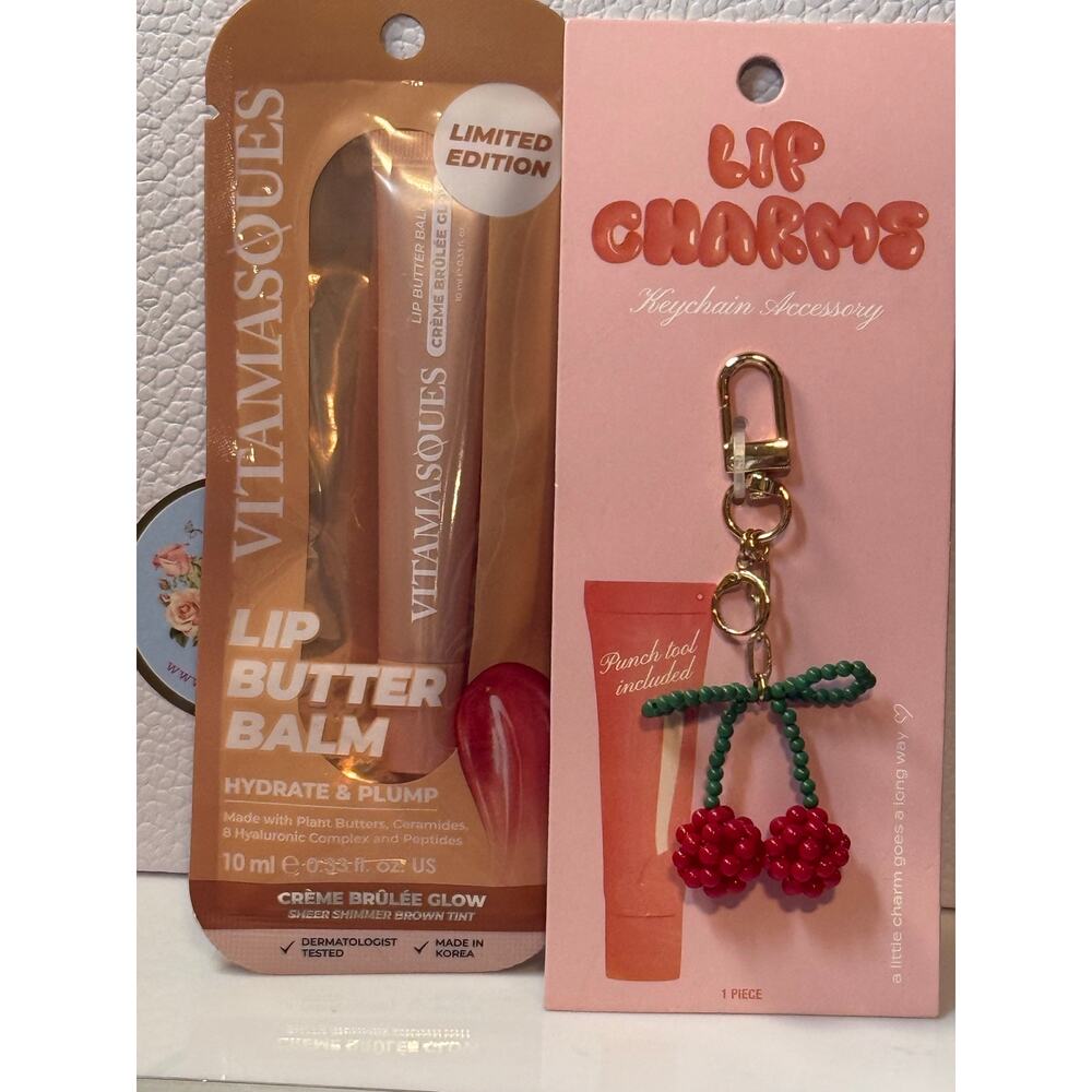 Vitamasques Lip Butter & Studio Artifact Lip Charm Keychain-Beaded Cherries -NEW